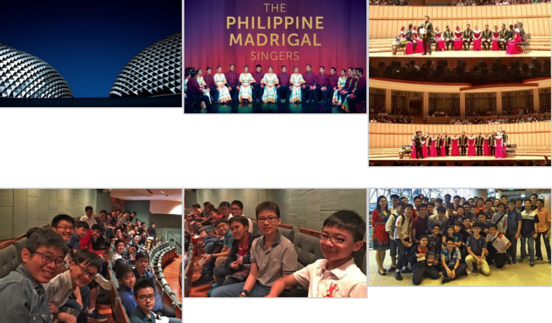 Collage showing the Philippine Madrigal Singers performing and groups of students posing inside a concert hall.